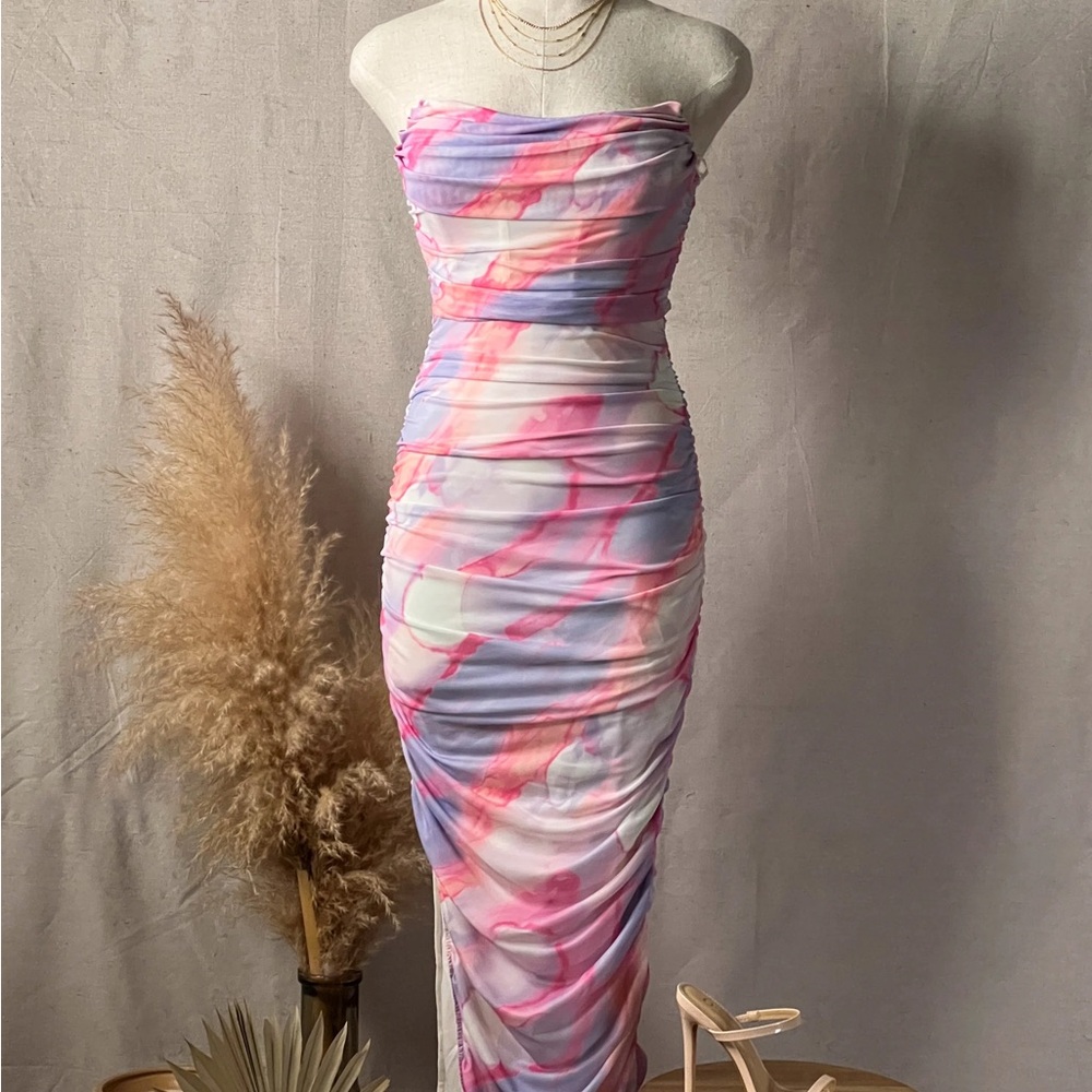 Strapless ruched pink & purple dress